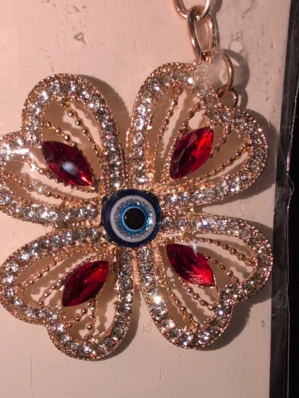 Gold Floral Evil Eye Keychain with Red  And Crystal Accents